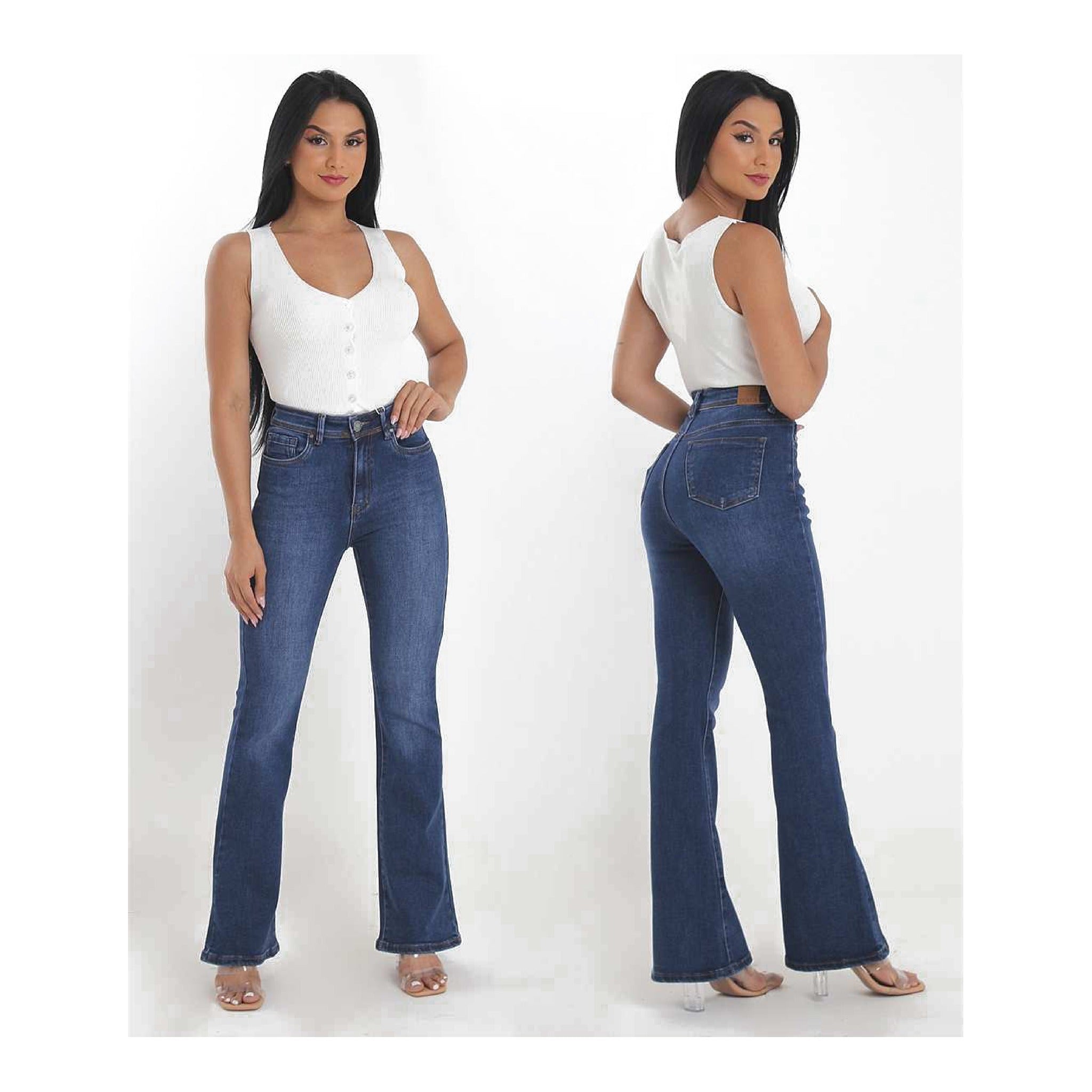 JEANS TIRO ALTO ACAMPANADO AZUL DESGASTADO